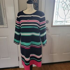 crown & ivy Navy Striped Long Sleeve Shift Dress with Pink & Teal Accents